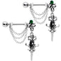 14G 9/16Black Green Gem Chain Sword Barbell Nipple Ring Set