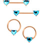 14G Aqua Gem Heart Rose Gold Tone BCR Barbell Nipple Ring Set of 4