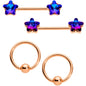14G Dk Blue Gem Star Rose Gold Hue BCR Barbell Nipple Ring Set