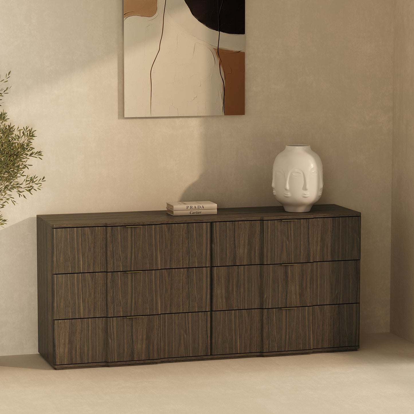 Dresser Modern 6-Drawer Walnut Gold MDF Sculpted Fronts Metal Handles 72 In