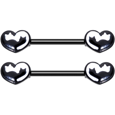 14G 9/16 Black White Silhouette Cat Lover Barbell Nipple Ring Set