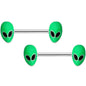 14G 9/16 Green Glow in the Dark Aliens Barbell Nipple Ring Set