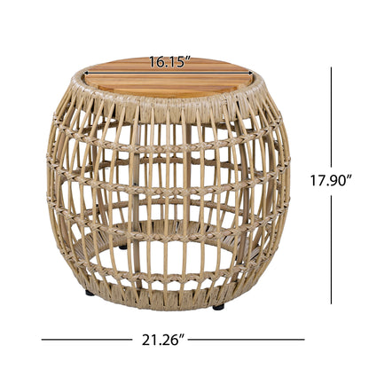 Outdoor Side Table Acacia Wood Wicker Base Round Light Brown 16in 150 LB