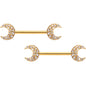 14G 9/16 Clear Gem Gold Tone Crescent Moon Barbell Nipple Ring Set