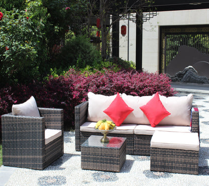 Outdoor Conversation Set PE Rattan Steel Brown Beige Cushion 3 Piece