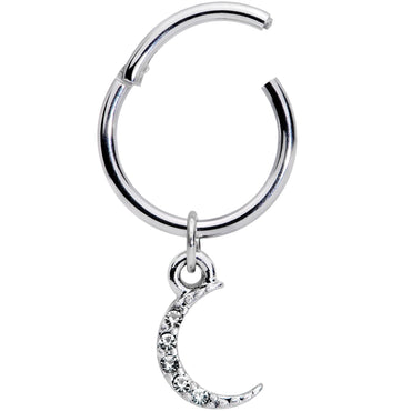 16G 3/8 Clear Gem Sliver of Moon Dangle Hinged Segment Ring