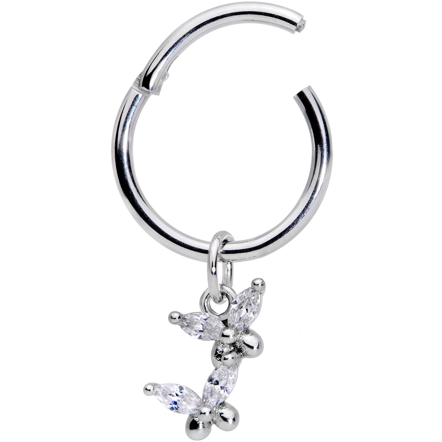 16G 3/8 Clear CZ Gem Fluttering Butterflies Hinged Segment Ring