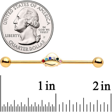 14G Multicolor Gem Gold Tone UFO Industrial Barbell 38mm
