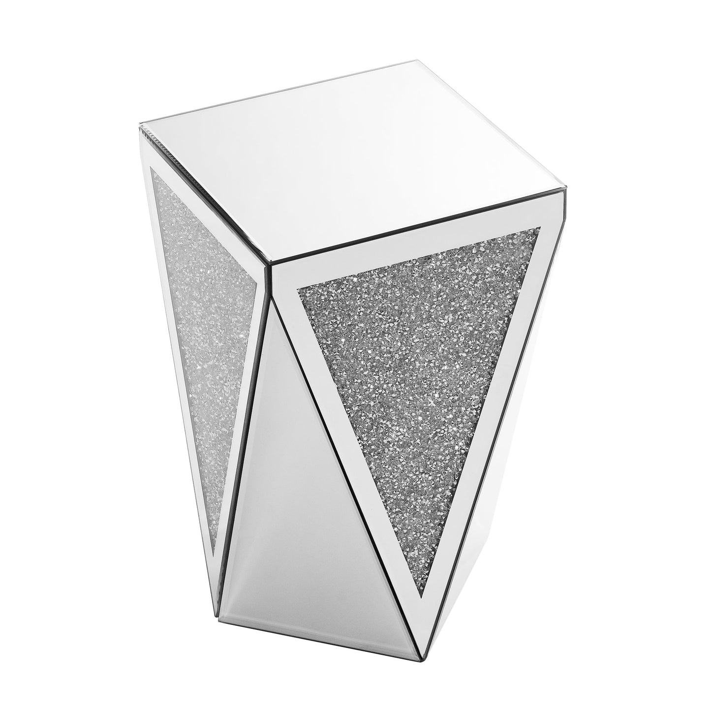 Inverted Triangle Mirror Coffee Table, Crystal Diamond Inlaid, Silver Glass
