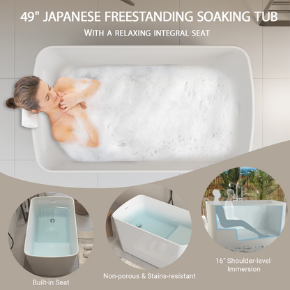49in Acrylic Freestanding Soaking Bathtub, Square Japanese Sit-In, Chrome Drain