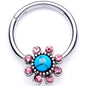 16G 3/8 Pink Gem Faux Turquoise Flower Hinged Segment Ring