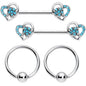 14G 9/16 5/16 Aqua Gem Hearts BCR Barbell Nipple Ring Set