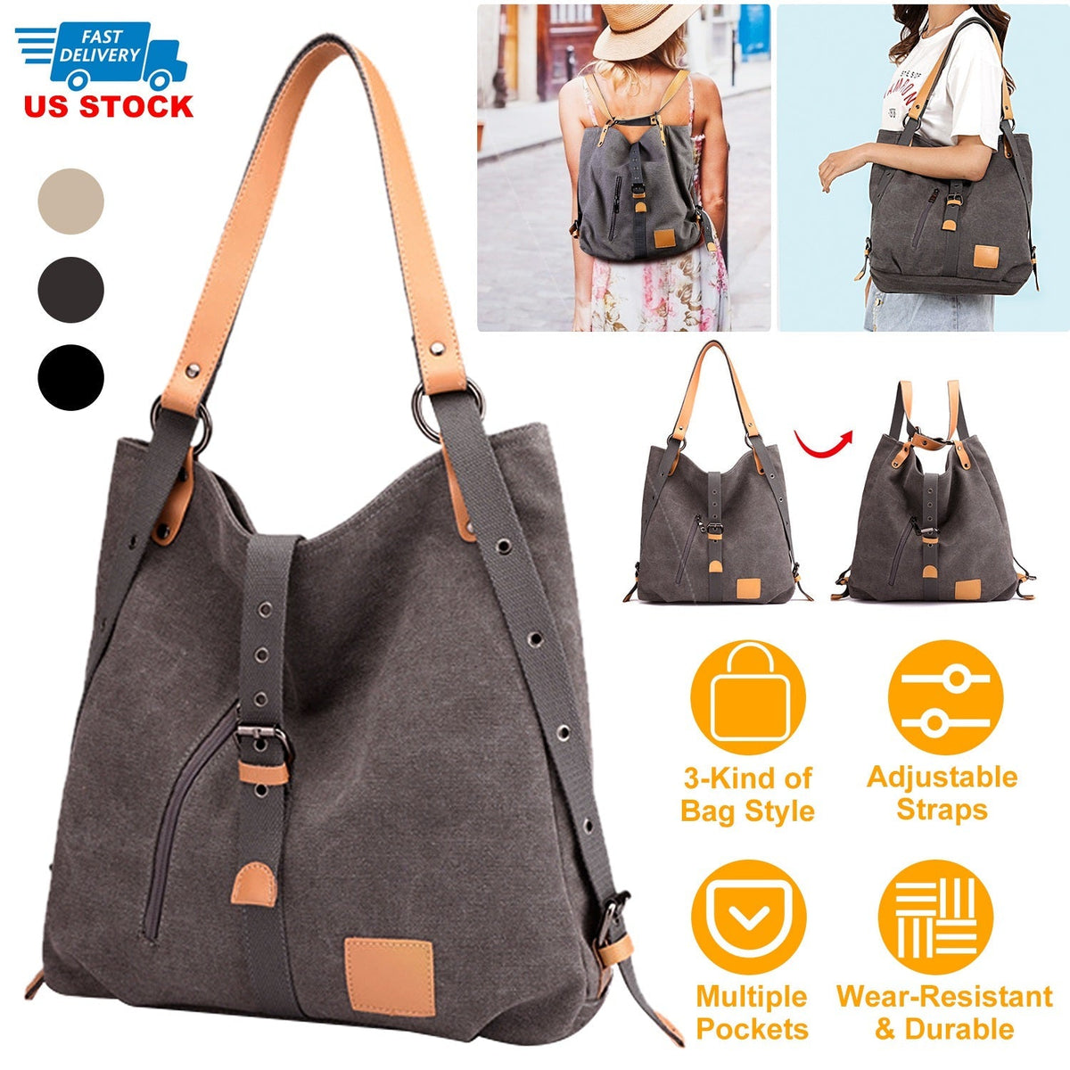 Women's Canvas Tote Bag Convertible Backpack Multiway Shoulder Carryall Purse