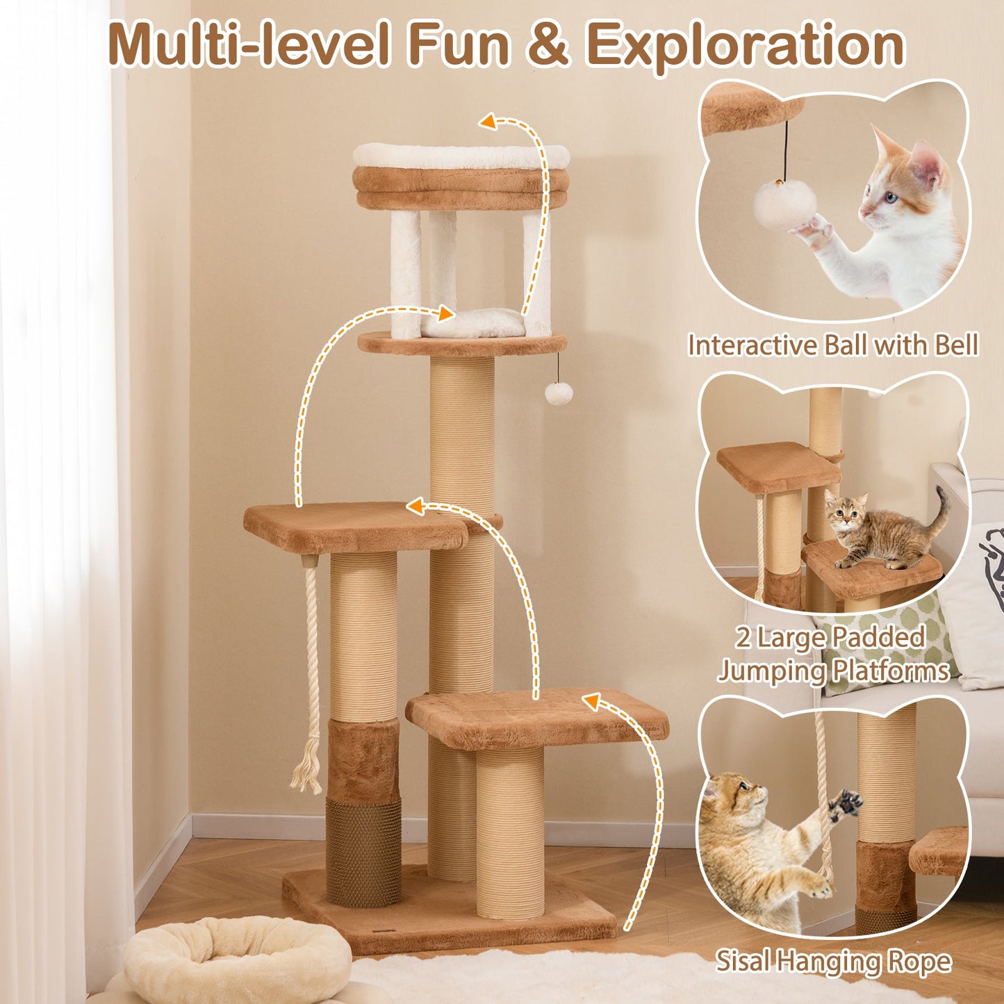 65 Inches Tall Cat Tree with Self-groomer and Removable Cat Bed-Coffee