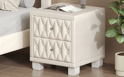 Velvet Nightstand with 2 Drawers, Crystal Handle, Button-Tufted, Beige