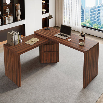 90' Modern L Shaped Desk in Walnut with 3 Drawers,360deg Wood Rotating Desk,Exe...