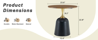 23.6 in Round Side Table, Metal Base, Walnut Wood Grain, Living Room Office