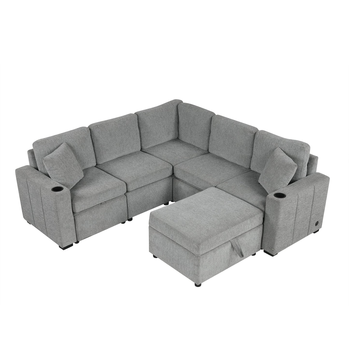 84" Sectional Sofa Convertible Pull-Out USB Gray