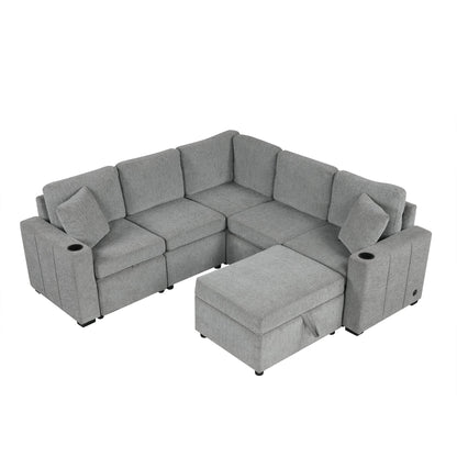 84" Sectional Sofa Convertible Pull-Out USB Gray