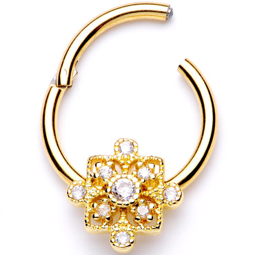 16G 3/8 Clear CZ Gold Tone Royal Square Hinged Segment Ring