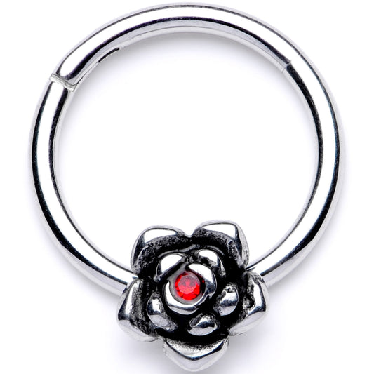 16G 3/8 Red Gem Tiny Flower Hinged Segment Ring