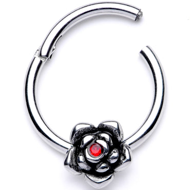 16G 3/8 Red Gem Tiny Flower Hinged Segment Ring