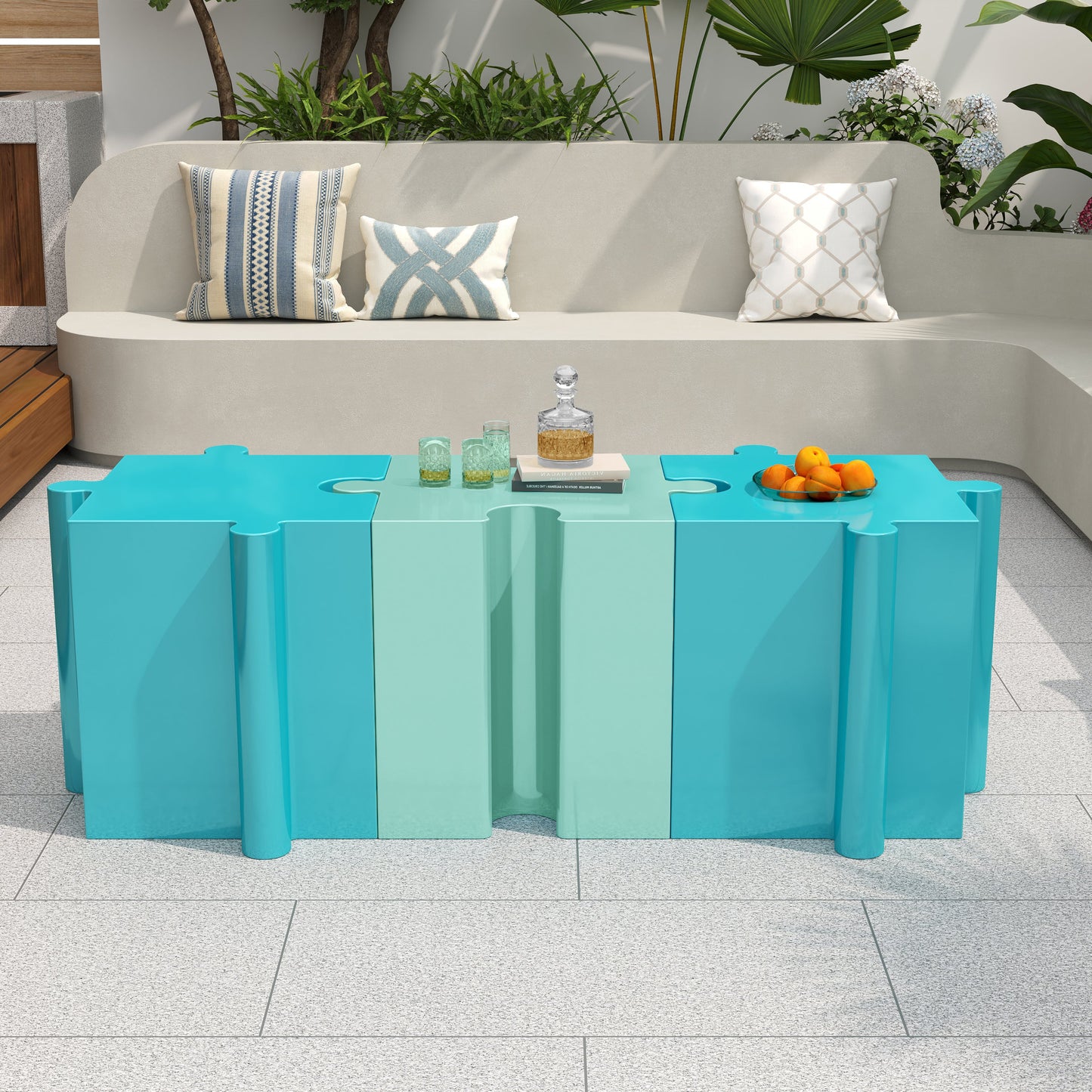 Puzzle Art Side Table Modular Convex Edge MGO Table Indoor and Outdoor Light Blue