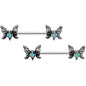 14G 9/16 Green Faux Opal Lacy Butterfly Barbell Nipple Ring Set