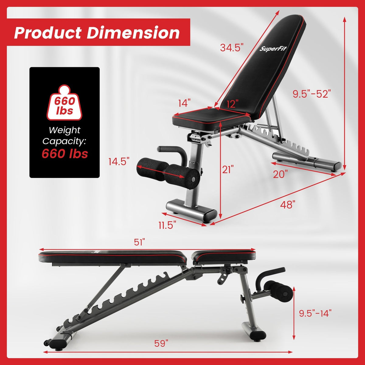 660 LBS Strength Training Bench with 10 Back and 3 Seat for Full Body Workout-Black