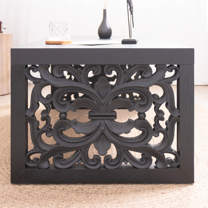 47.2 in Solid Black Carved Wood Coffee Table, Handcrafted Ornate Side Panels