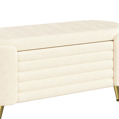 Storage Ottoman Oval Chenille Beige Metal Legs Hidden Storage 44.9x18x18 In