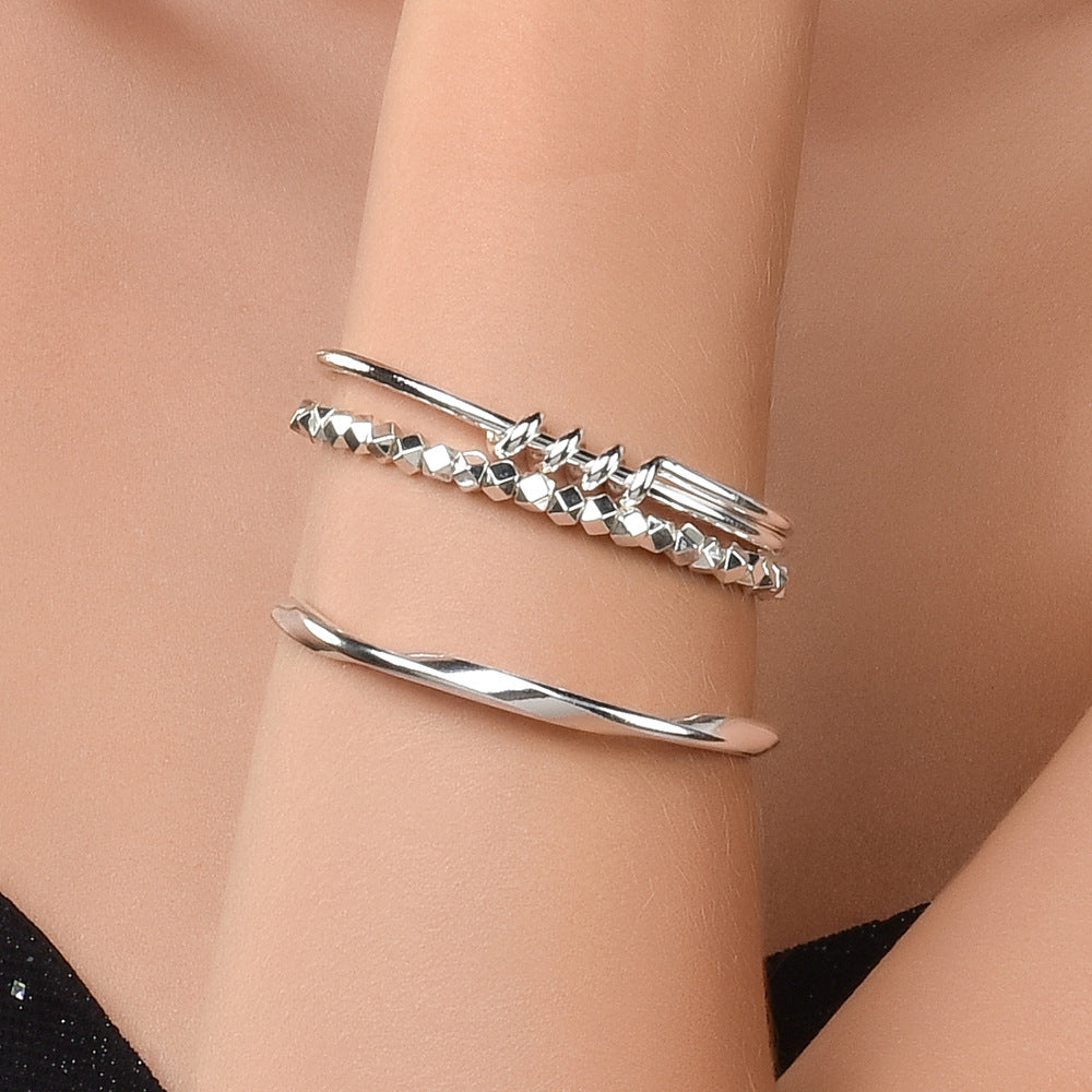 Mobius Irregular Geometric Open Cuff Bangle Set For Women, Broken Silver Stackable Bracelets, Minimal European Fashion Jewelry