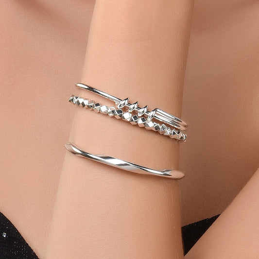 Mobius Irregular Geometric Open Cuff Bangle Set For Women, Broken Silver Stackable Bracelets, Minimal European Fashion Jewelry
