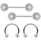 14G 9/16 1/2 White Faux Opal Horseshoe Barbell Nipple Ring Set