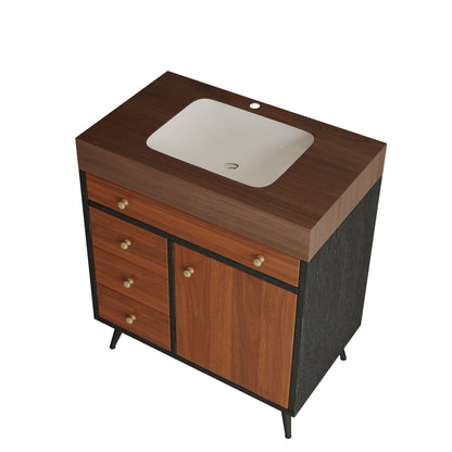 Mid-Century Modern Free-Standing Bathroom Vanity with Ceramic Sink & Sintered Stone Top