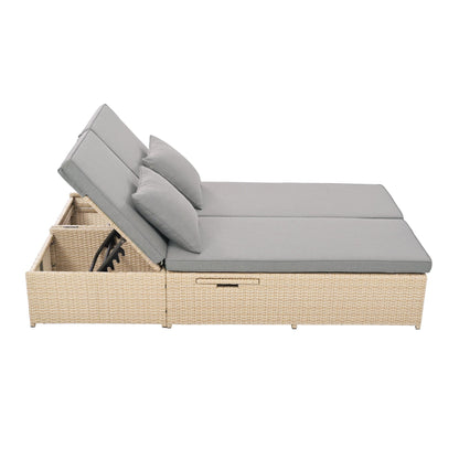 Outdoor Double Sunbed, Wicker Rattan Patio Reclining Chairs with Adjustable
