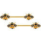 14G 9/16 Black Gem Gold Tone Bumblebees Barbell Nipple Ring Set