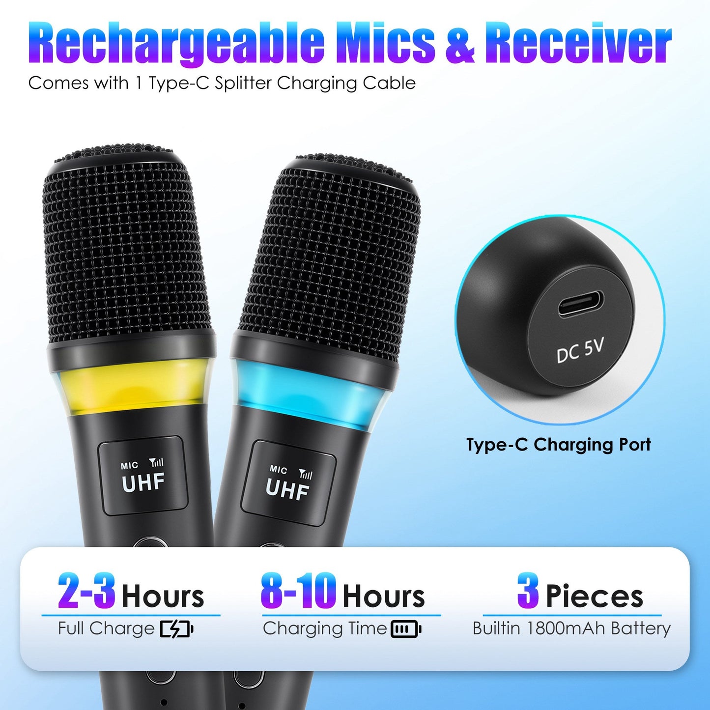 2.4G UHF Wireless Microphones | Metal Handheld Mics with RGB Light & 164FT Range