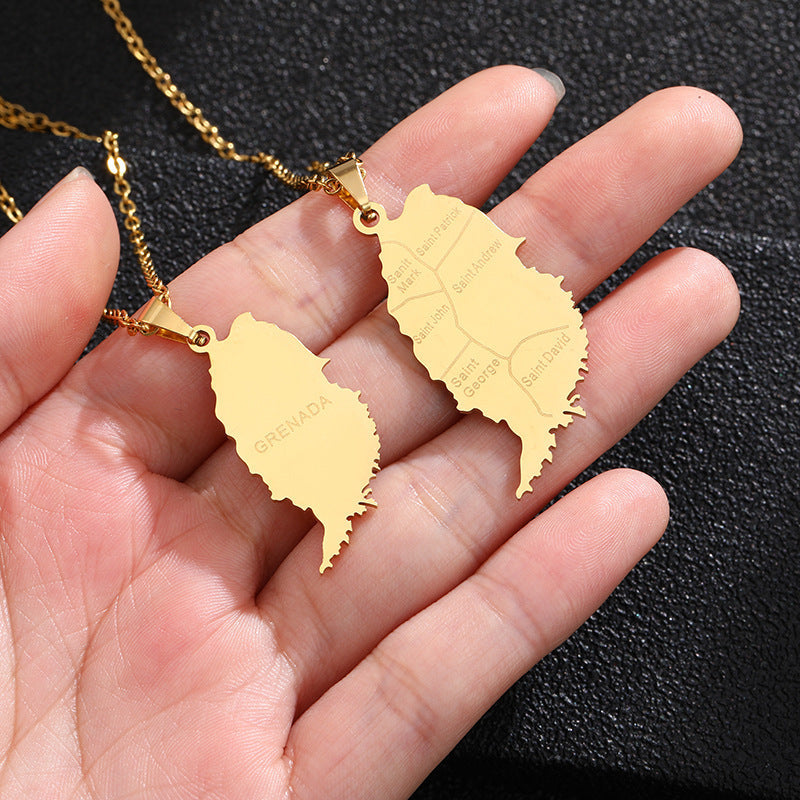 Stylish And Personalized Titanium Steel Smooth Golden Grenada Map
