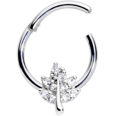 16G 3/8 Clear CZ Gem Maple Leaf Hinged Segment Ring