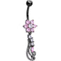 Clear Pink CZ Black Anodized Floral Flourish Dangle Belly Ring