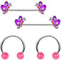 14G Pink Purple Butterfly Horseshoe Barbell Nipple Ring Set of 4