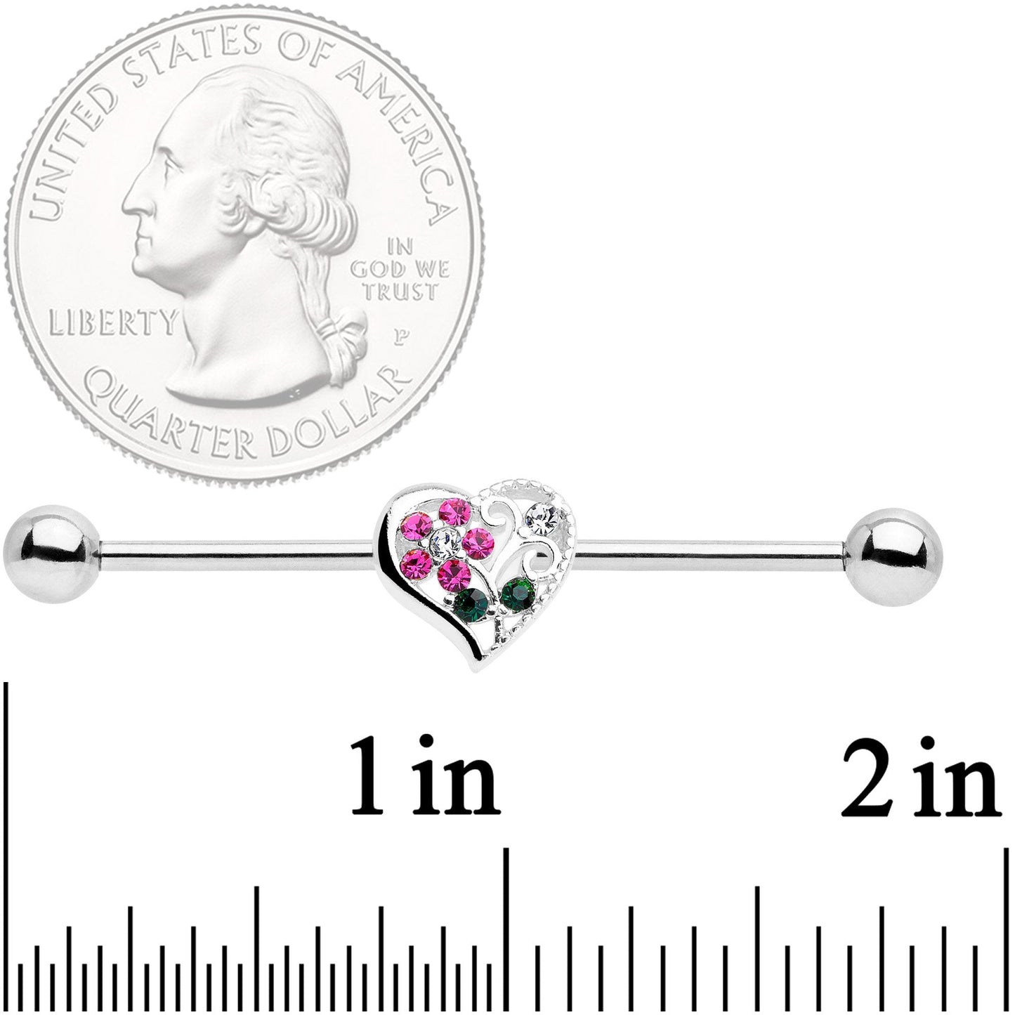 14G Clear Pink Gem Flower Heart Barbell Industrial