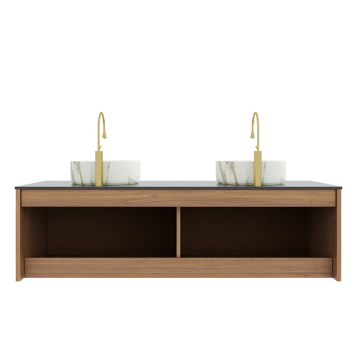 60' Bathroom Vanity with Sinks, Floating Plywood Cabinet 4 Doors Black Sintered Stone