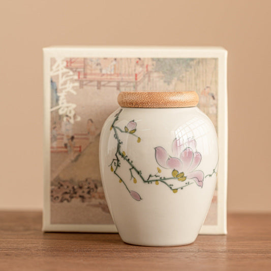 Chinese Hand-painted Ceramic Food Storage Jar Sealed Storage Portable Moisture-proof Bamboo Cover