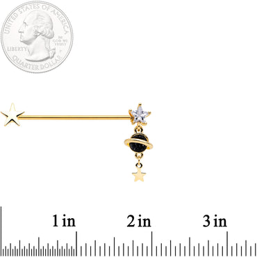 14G Clear CZ Gem Gold Tone Saturn Dangle Industrial Barbell 38mm