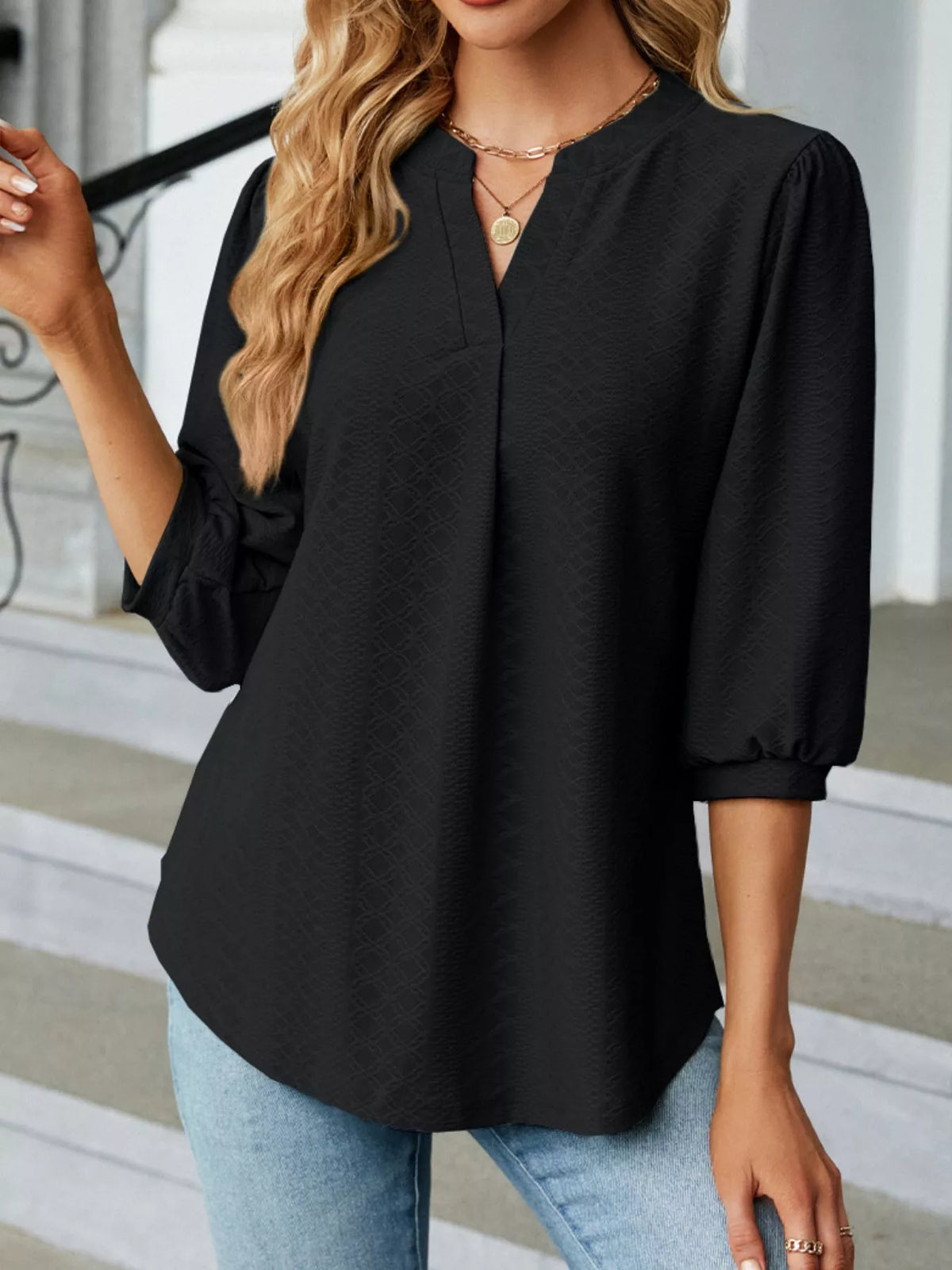 Notched 3/4 Sleeve Casual Top