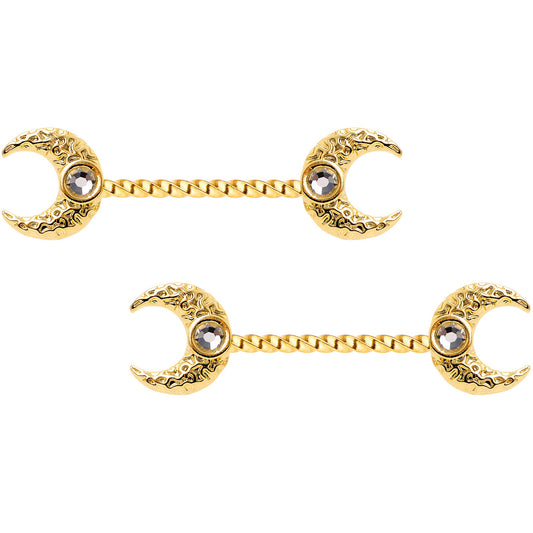 14G Clear Gem Gold Tone Witch Moon Barbell Nipple Ring Set