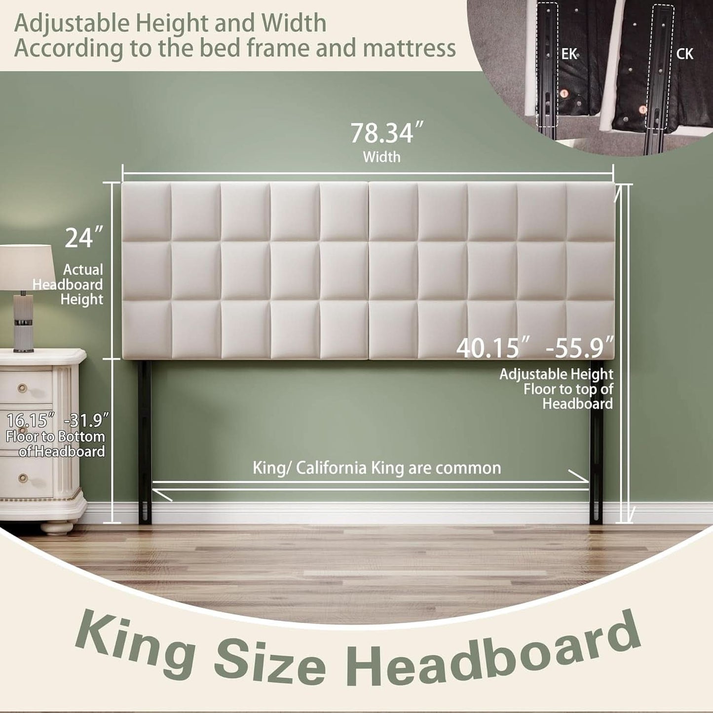 Velvet Tufted King Size Headboard with Adjustable Height