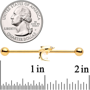 14G Clear Gem Gold Tone Toothy Shark Industrial Barbell 38mm